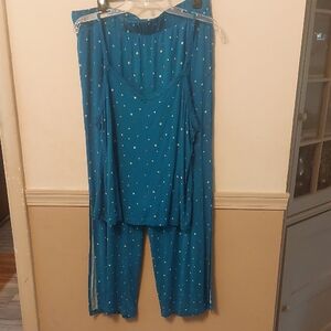 Joyspun Kayak Blue Stars Lace Trim Cami and Side Slit Pants Pajama Set Sz L